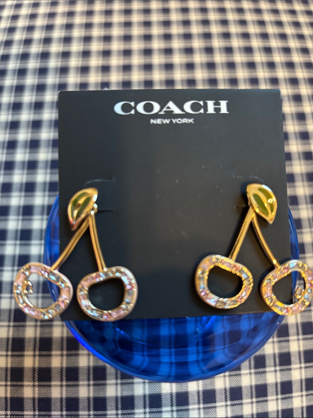 COACH Gold-Tone Cherry Drop Earrings with Pink pave Crystals